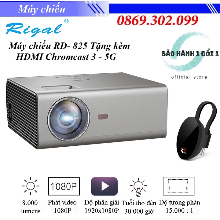 [ Chính hãng ]  Máy chiếu Rigal RD- 825 Hỗ Trợ Tiếng Việt Tặng kèm HDMI không dây Chromcast 3 hỗ trợ 4K - 5G