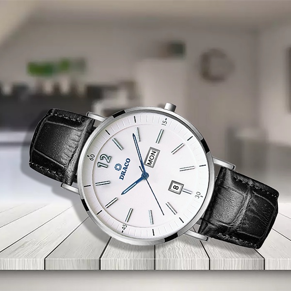 Đồng hồ nam Draco D21-ST01” The First boy” TRẮNG DÂY DA ĐEN - thời trang nam