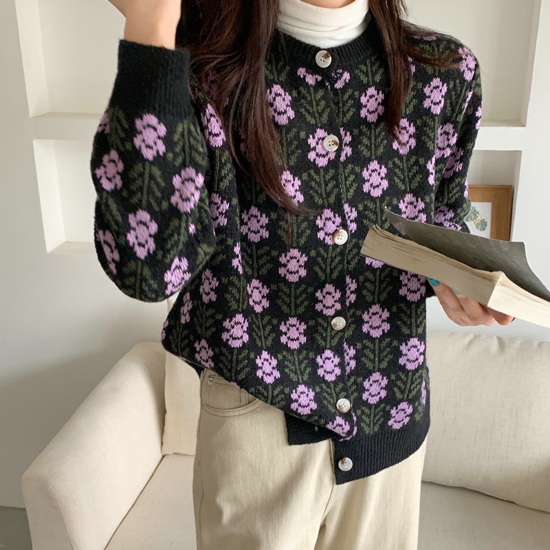 Áo khoác sweater cardigan cổ tròn họa tiết hoa phong cách phương Tây cho nữ