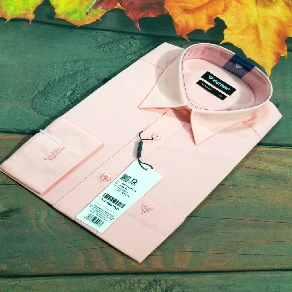 Aó sơ mi nam Việt Tiến dài tay màu Hồng dâu ,chính hãng , cao cấp  - form suông REGULAR - tà bầu