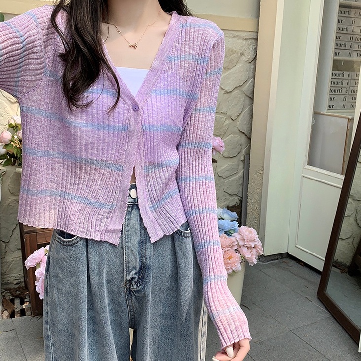 Áo khoác cardigan ZHELIHANGFEI dệt kim tay dài chống nắng họa tiết kẻ sọc thời trang