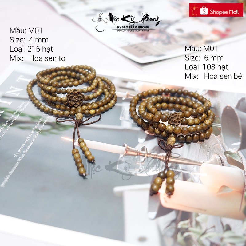 Vòng Trầm Hương Nam Nữ 🪵FREESHIP🪵 Tràng Hạt Gỗ Trầm Hương Đủ Size Mix Charm Hoa Sen Sánh Chìm, Vòng Tay 108 Hạt, 216 Hạt