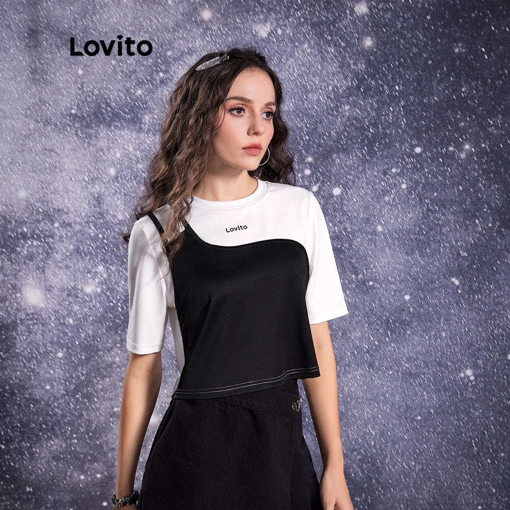 Lovito STAR GIRL Vá vá thường Khâu áo thun nữ cổ tròn L32AE054 (Đen trắng)