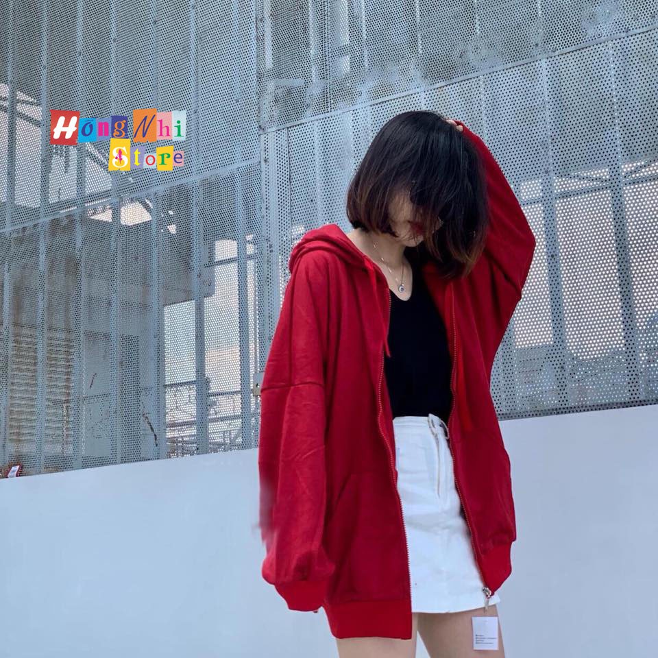 Áo Khoác Hoodie Zip Trơn Oversize Ulzzang Unisex Hoodie Dây Kéo Màu Đỏ Dáng Rộng - MM