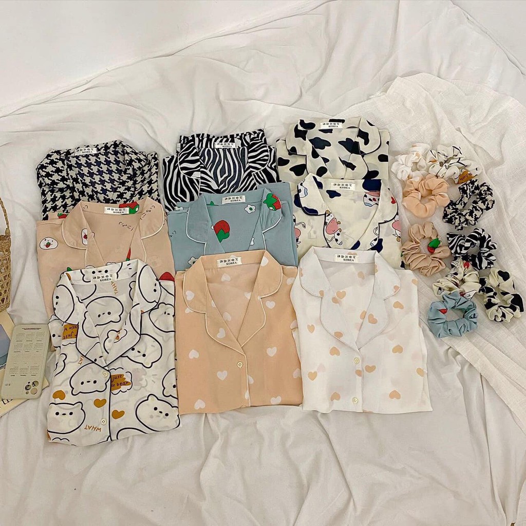 BỘ MẶC NHÀ PIJAMA CHẤT KATE THÁI SIÊU MÁT ÁO CỘC QUẦN CỘC HÌNH SIÊU XINH KÈM DÂY BUỘC TÓC