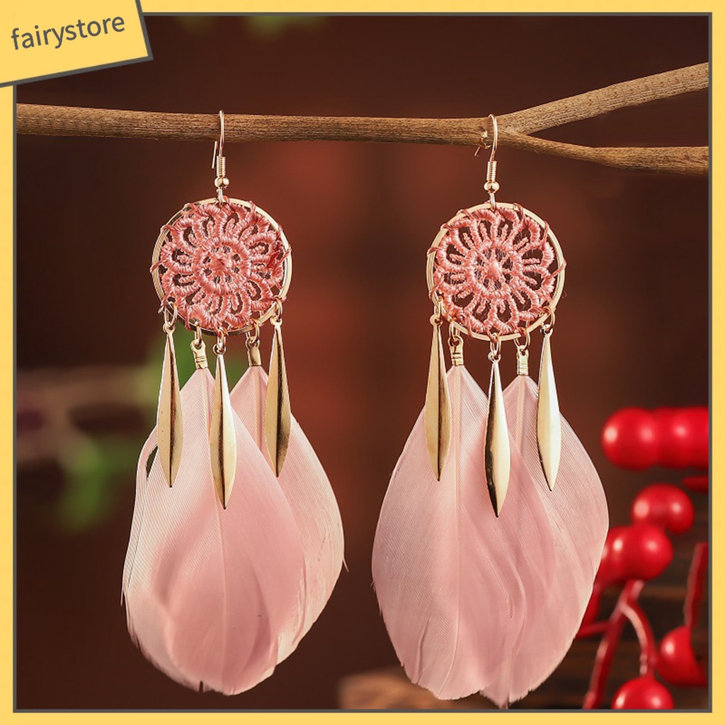 1 Đôi Bông Tai Hình Dreamcatcher Đính Lông Vũ Tua Rua Phong Cách Bohemian Dành Cho Nữ