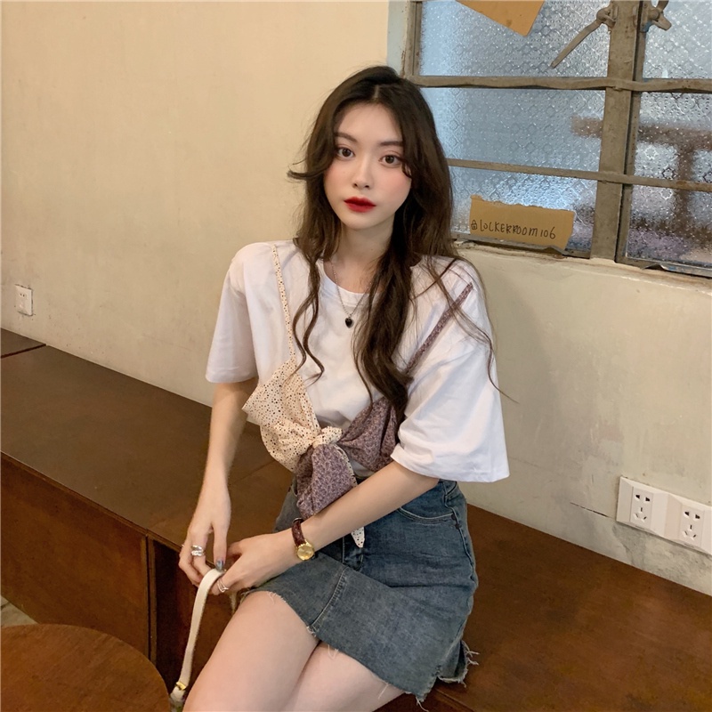 Áo thun ngắn tay dáng rộng phối nơ xinh xắn theo phong cách Hàn Quốc