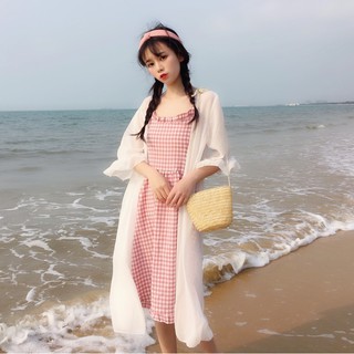 [Hàng order] Váy 2 dây kẻ caro dáng dài +áo khoác ngoài vải voan dáng dài(V113)