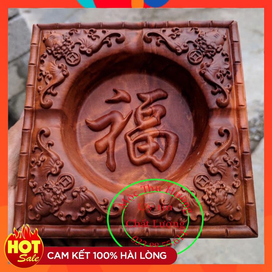 GẠT TÀN VUÔNG NGUYÊN KHỐI GỖ HƯƠNG ĐỎ CHẠM CHỮ - HÀNG CAO CẤP
