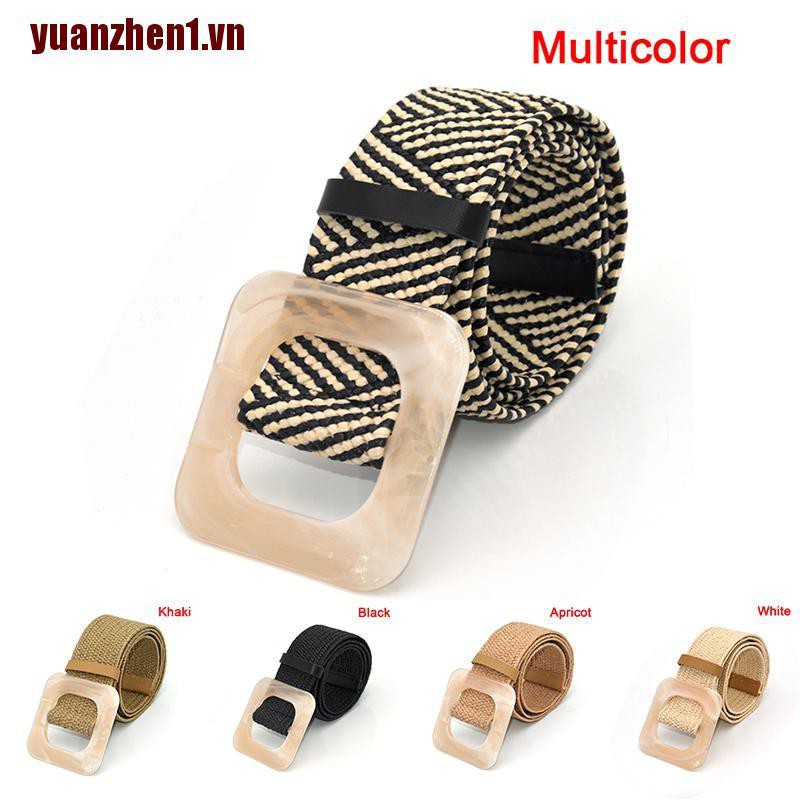[Yuanzhen1] Thắt Lưng Bện Sợi Rơm Mùa Hè Khóa Gỗ Cổ Điển Boho Cho Nữ