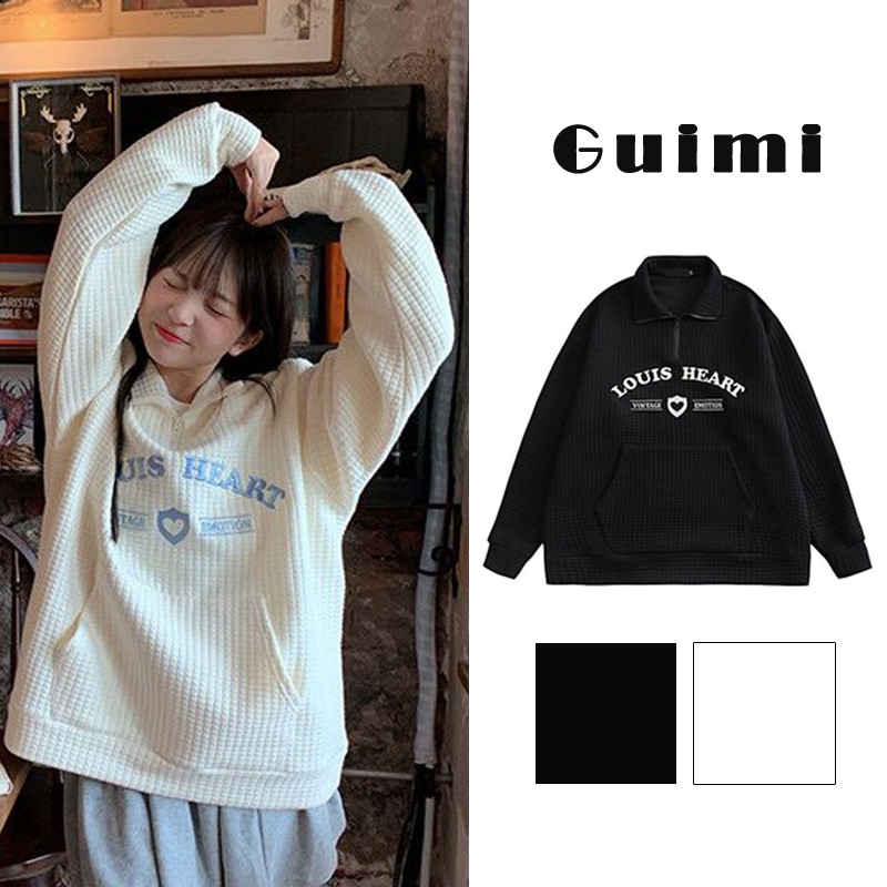 【Guimi】Áo sweater tay dài dáng rộng màu sắc trẻ trung phong cách Hàn Quốc cho bạn gái