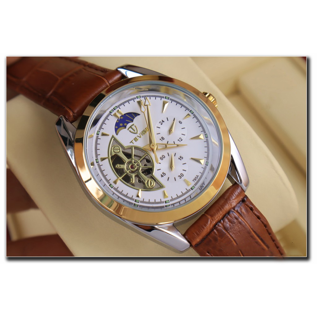 Đồng hồ cơ nam dây da cao cấp Tevise T795 full box, mặt kính sapphire chống xước, chống nước, bảo hành 03 năm | BigBuy360 - bigbuy360.vn