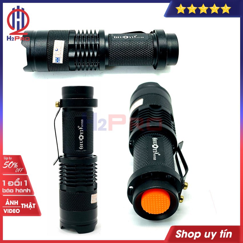 Đèn pin LED siêu sáng mini pin sạc HY-68 H2Pro hàng hãng-cao cấp-ống zoom-200lumen,chống thấm nước 3 chế độ sáng trắng