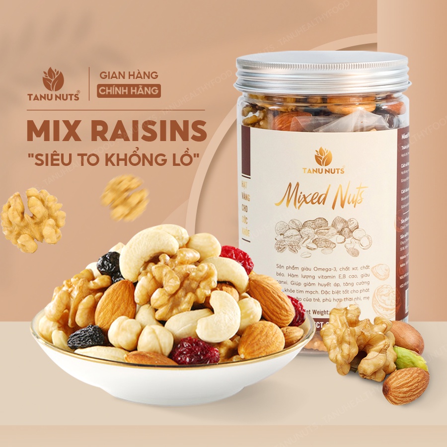 Hạt dinh dưỡng mix 5 loại Raisins TANU NUTS hũ 500g, hạt ngũ cốc bà bầu gồm macca, óc chó, hạnh nhân, hạt điều, nho khô