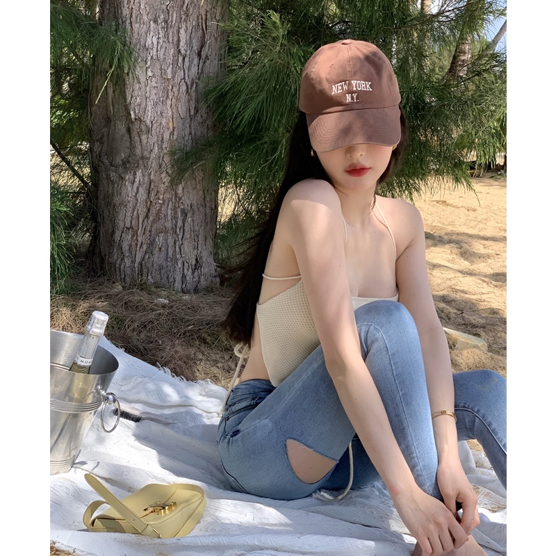 QKOOLE  Áo Croptop Hai Dây Hở Lưng Ôm Dáng Phong Cách Hàn Quốc