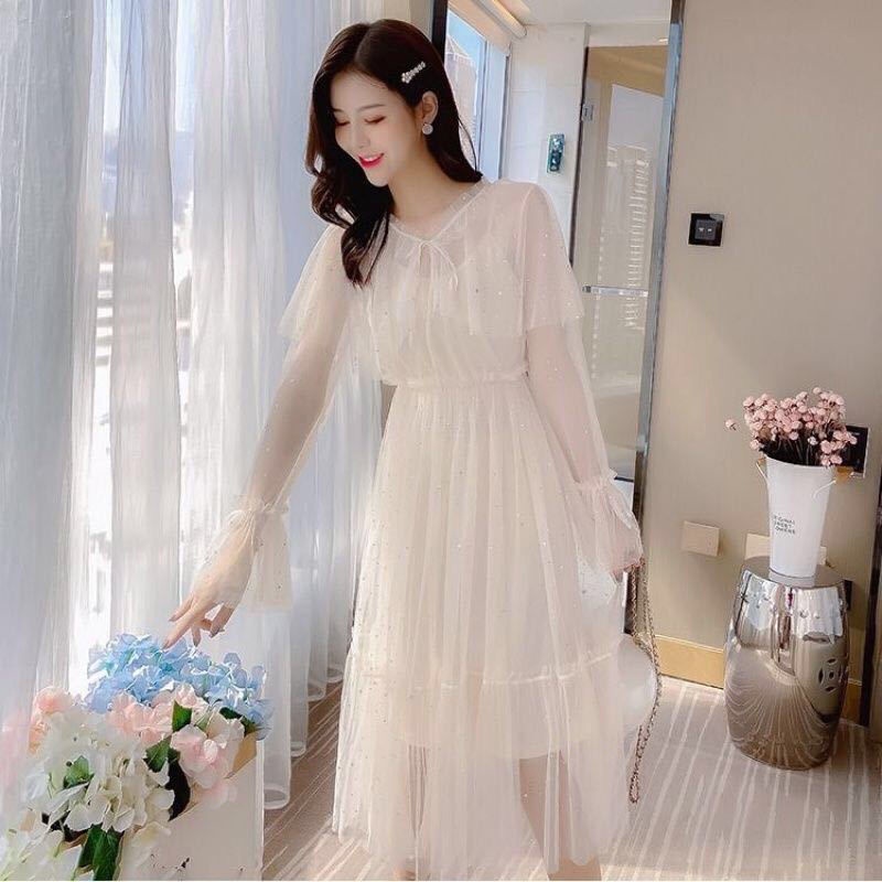 Đầm Lưới Dáng Dài Qua Gối Họa Tiết Ngôi Sao Đính Kim Sa Lấp Lánh Thời Trang Xuân Thu Phong Cách Mới 2020 Cho Nữ
