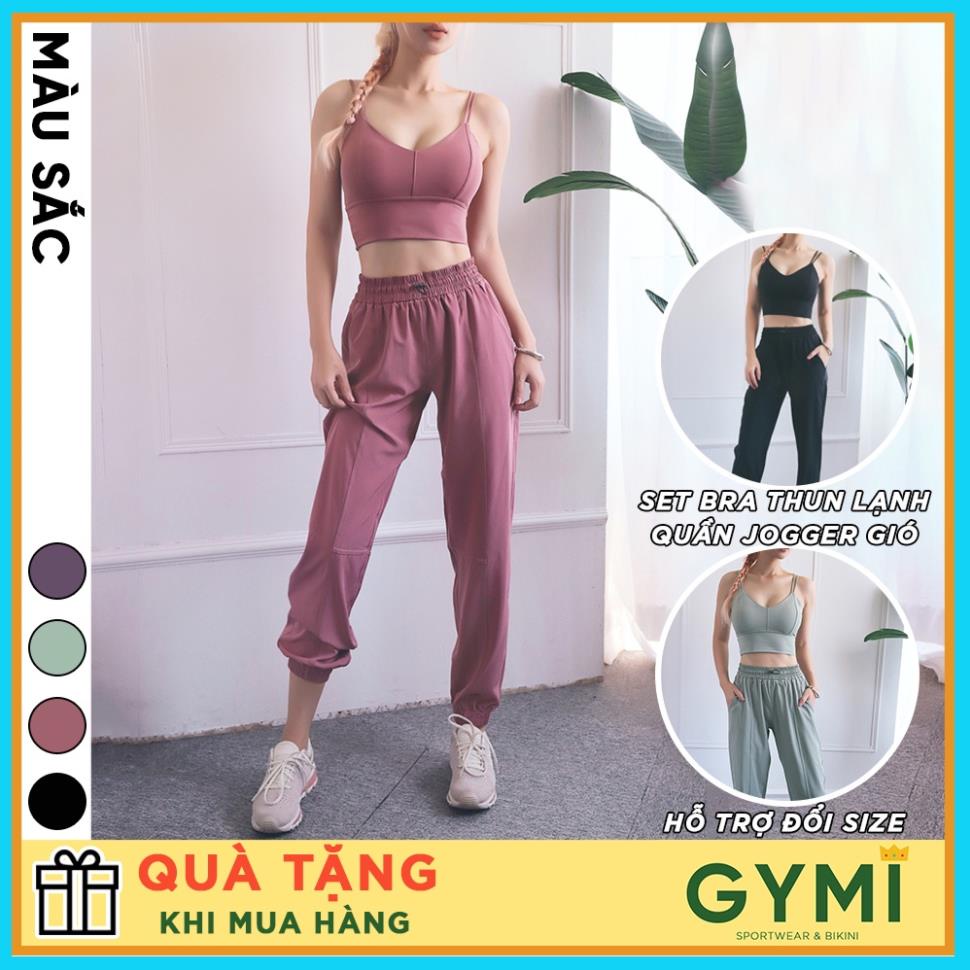 Set bộ đồ tập gym yoga nữ GYMI SET14 gồm áo bra hai dây thun lạnh và quần jogger gió giấy thể thao .