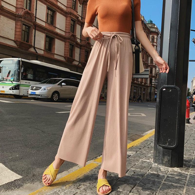 High Waist Ice Silk Wide Leg Pants / Korean Casual Loose Summer Trousers / Plus Size Slim Pants | BigBuy360 - bigbuy360.vn