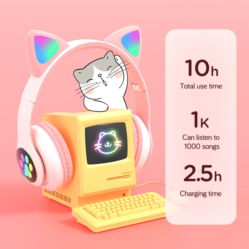 Đèn nháy Đèn nháy Tai mèo dễ thương Tai nghe không dây Bluetooth có Mic Có thể điều khiển LED Kid Girl Âm thanh nổi Mũ bảo hiểm Tai nghe Điện thoại Quà tặng