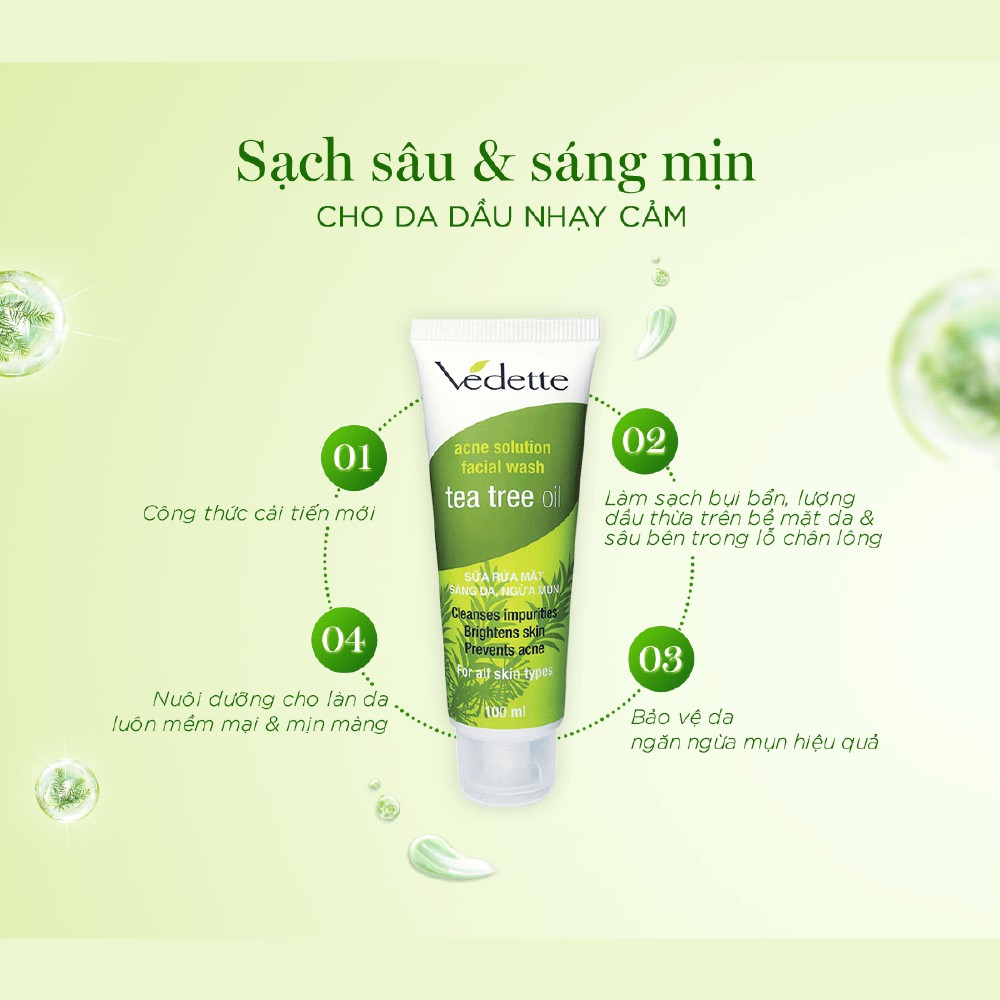 Sữa rửa mặt sáng da, ngừa mụn Vedette tinh dầu tràm trà (Tea Tree Oil) 100ml (TP05001005013)