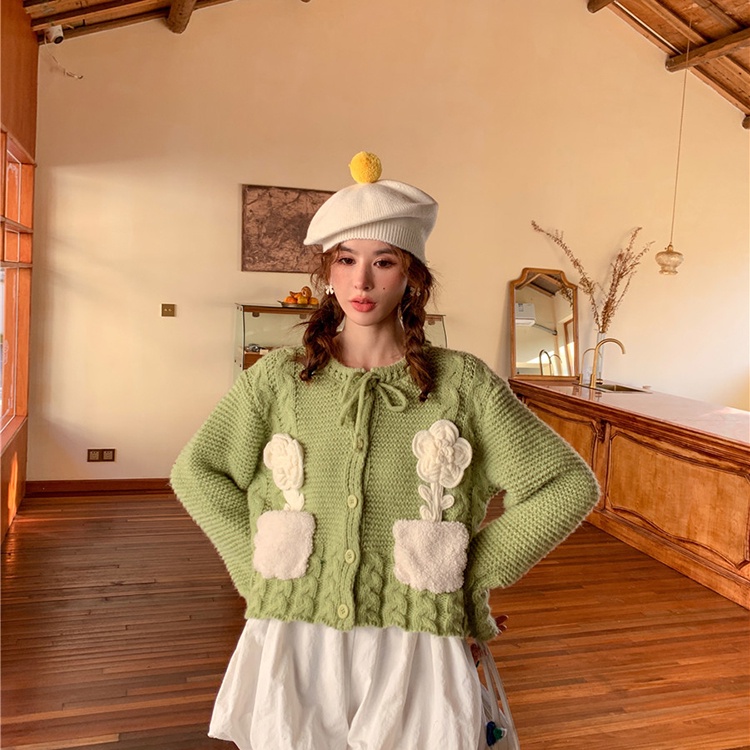 IELGY    Áo cardigan Dệt Kim Tay Dài Dáng Ngắn Thời Trang Hàn Quốc Cho Nữ