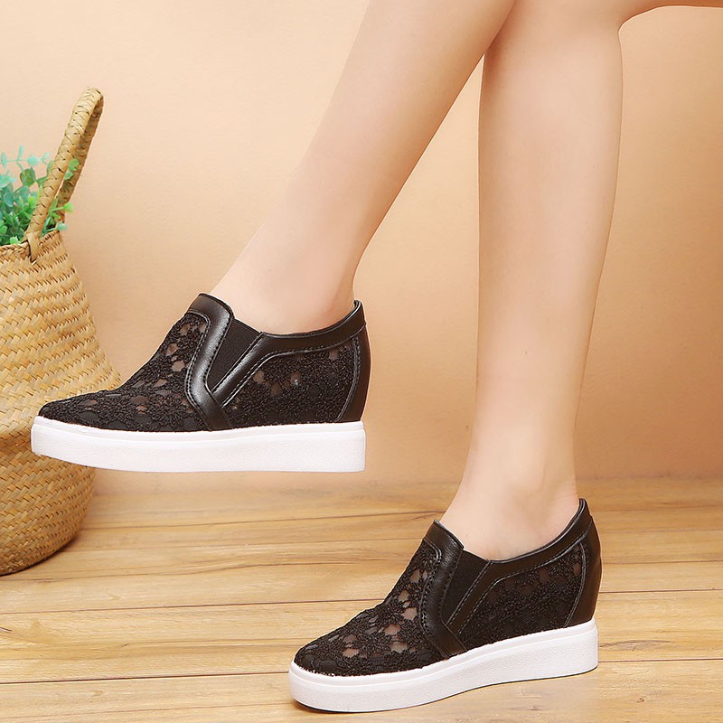 IELGY Giày lười nữ giấu gót tăng chiều cao phối ren hoa | BigBuy360 - bigbuy360.vn
