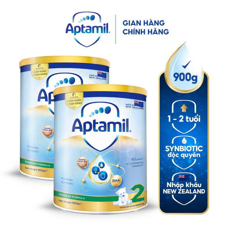 Combo 2 Sữa bột Aptamil New Zealand hộp thiếc số 2 (900g/lon) cho bé 12-24 tháng tuổi