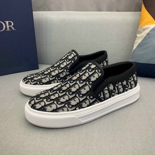 Giày slipon lười nam CD da bọc vải dệt hoạ tiết vân chữ thổ cẩm monogram đế cao su non cao cấp GS29P