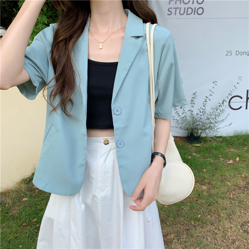 Áo blazer cộc tay croptop màu trơn 2 cúc, áo khoác vest dáng ngắn phong cách Hàn Quốc | BigBuy360 - bigbuy360.vn