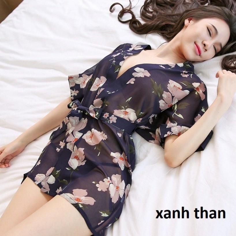 Áo Choàng Ngủ Hoa Kimono 5034 Tặng Kèm Quần Lót Lọt Khe Siêu Xinh