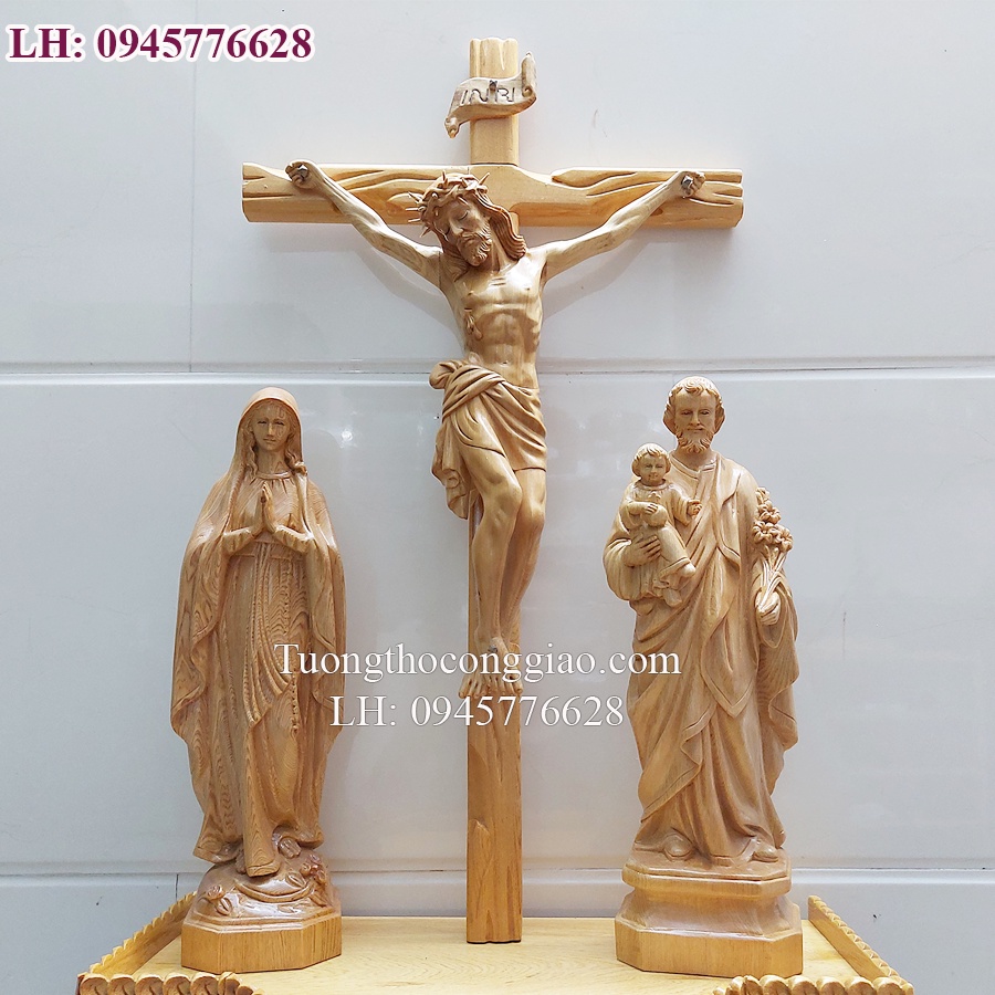 Bộ tượng bàn thờ Công Giáo bằng gỗ 40cm, Thánh Giá 70cm