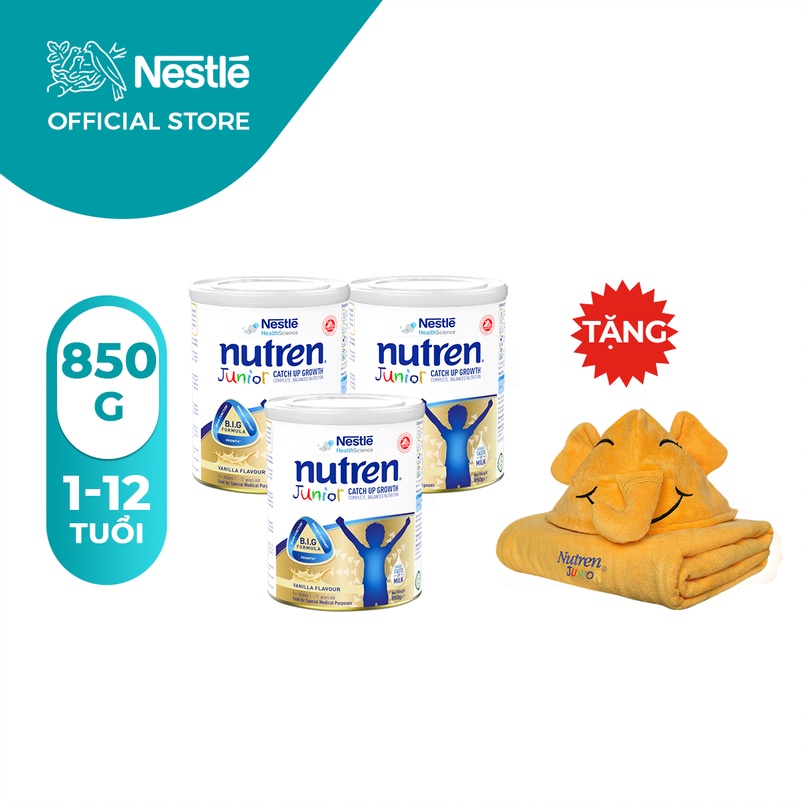 [Tặng 01 khăn choàng tắm bé] Combo 3 Lon Sữa Nutren Junior 850gr/lon