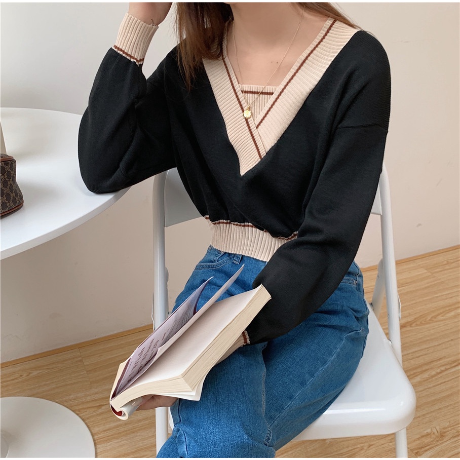 SUXI Áo sweater cổ chữ V thiết kế mới thời trang mùa thu theo phong cách hàn quốc cho nữ