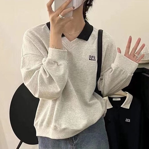 ZHELIHANGFEI Áo Thun Nỉ Tay Dài Có Cổ Dáng Rộng In Họa Tiết Phong Cách Preppy