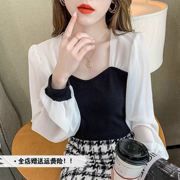 Áo Kiểu Thun Gân Tay Dài Phối Voan Có Mút