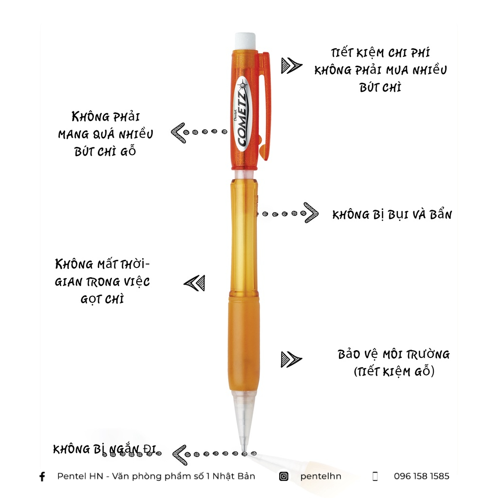 𝐁𝐮́𝐭 𝐂𝐡𝐢̀ 𝐁𝐚̂́𝐦 𝐓𝐨̂ 𝐓𝐫𝐚̆́𝐜 𝐍𝐠𝐡𝐢𝐞̣̂𝐦 Pentel Cometz AX119 Lõi To 0.9 mm - 2B Dùng Thi Trắc Nghiệm Chuẩn Nhật Bản