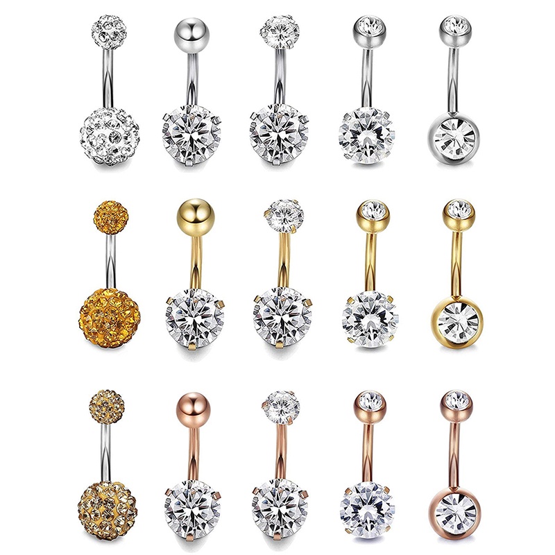 Set 5 Khuyên Rốn Thép Không Gỉ Đính Đá Pha Lê
