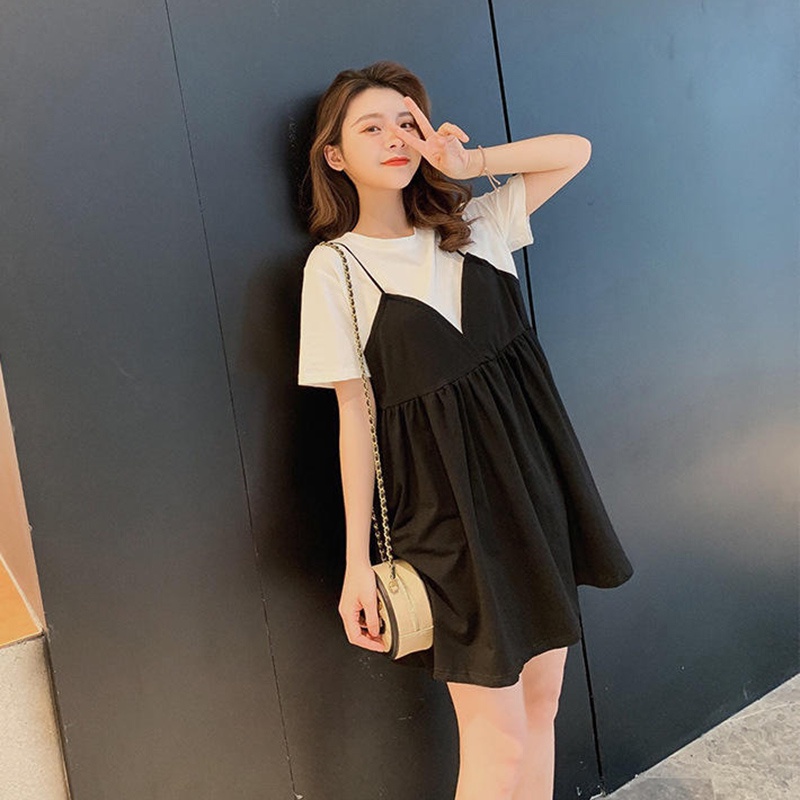 IELGY Đầm Giả Hai Lớp Tay Ngắn Dáng Rộng Thời Trang Mùa Hè