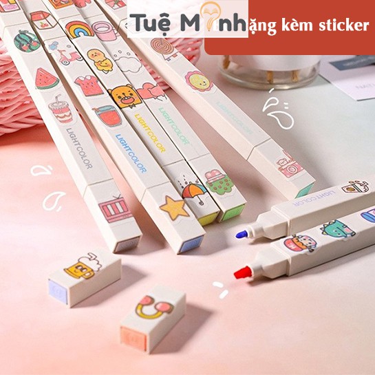 Bút highlight 2 đầu Light Color màu pastel, bút ghi chú HI06 tặng kèm sticker