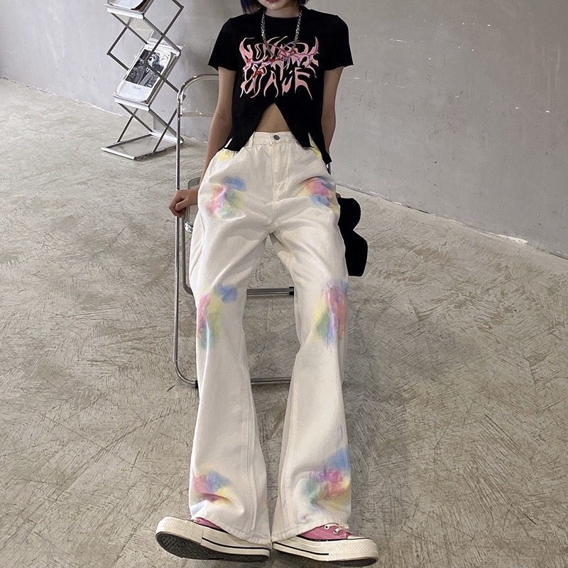 ☁❈⊕ Quần Jeans Dài Ống Rộng Lưng Cao Màu Nhuộm Dễ Phối Đồ Hợp Xu Hướng Cho Nữ