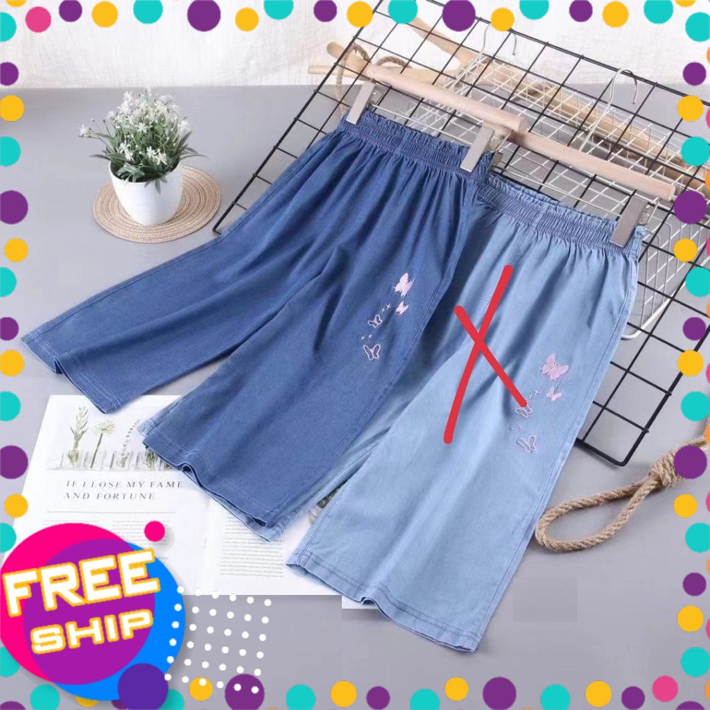 Quần jean giấy lửng ống rộng bé gái 5-12 tuổi họa tiết thêu hình