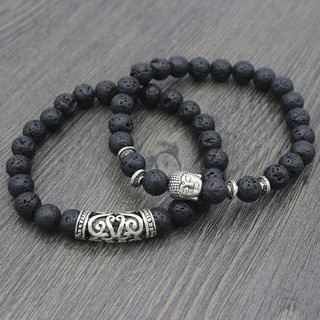 Cặp Vòng tay nam Phong Thủy- Mặt Phật Bình An - đá núi lữa - 0152