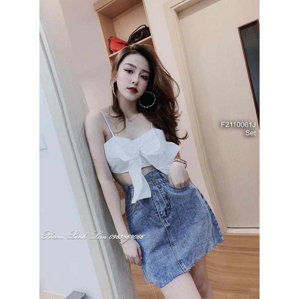 Set áo trắng croptop phối nơ ngực 2 dây kèm chân váy jean ngắn có lót quần!