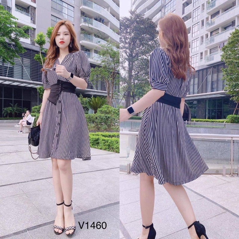 Váy kẻ dọc đen trắng hàng thiết kế DVC