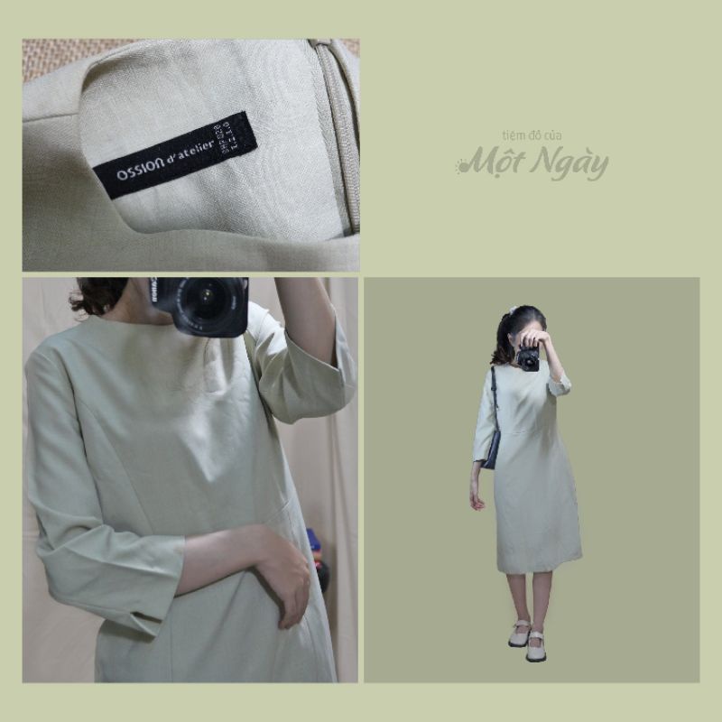 Váy công sở Linen Ossion dáng suôn màu xanh bơ