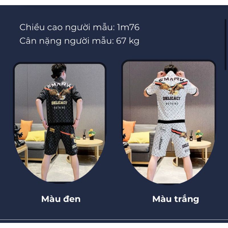 Bộ quần áo thể thao nam chất thun lạnh co giãn phối hoạ tiết thoáng mát ngày hè kiểu áo thun dây kéo quần short