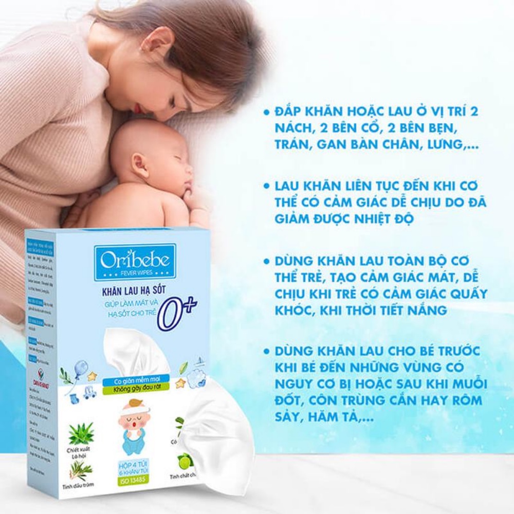 Khăn Lau Hạ Sốt Oribebe Cho Bé Từ 0 Tháng Giúp Hạ Nhiệt Giảm Sốt Hộp 4 Túi x 6 Khăn