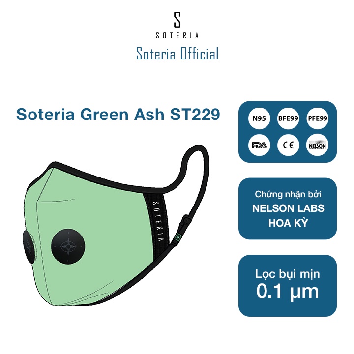 Khẩu trang tiêu chuẩn Quốc Tế SOTERIA Green Ash ST229 - Bộ lọc N95 BFE PFE 99 lọc đến 99% bụi mịn 0.1 micro- Size S,M,L