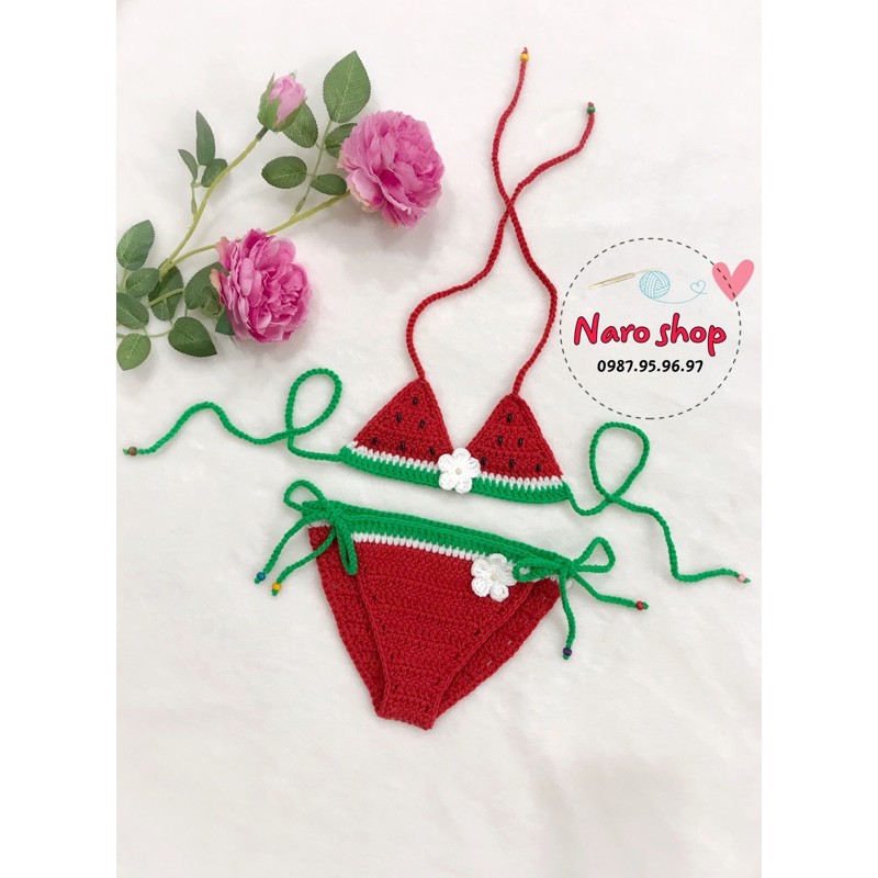 ( HÀNG CÓ SẴN) BỘ BIKINI LEN MÓC DƯA HẤU CHO BÉ