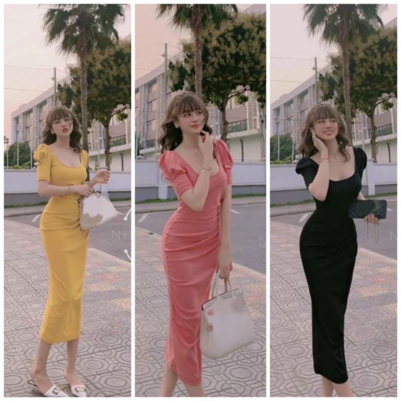 Đầm Thun Cổ Vuông Tay Phồng - Dáng Dài Maxi Ôm Body Sexy